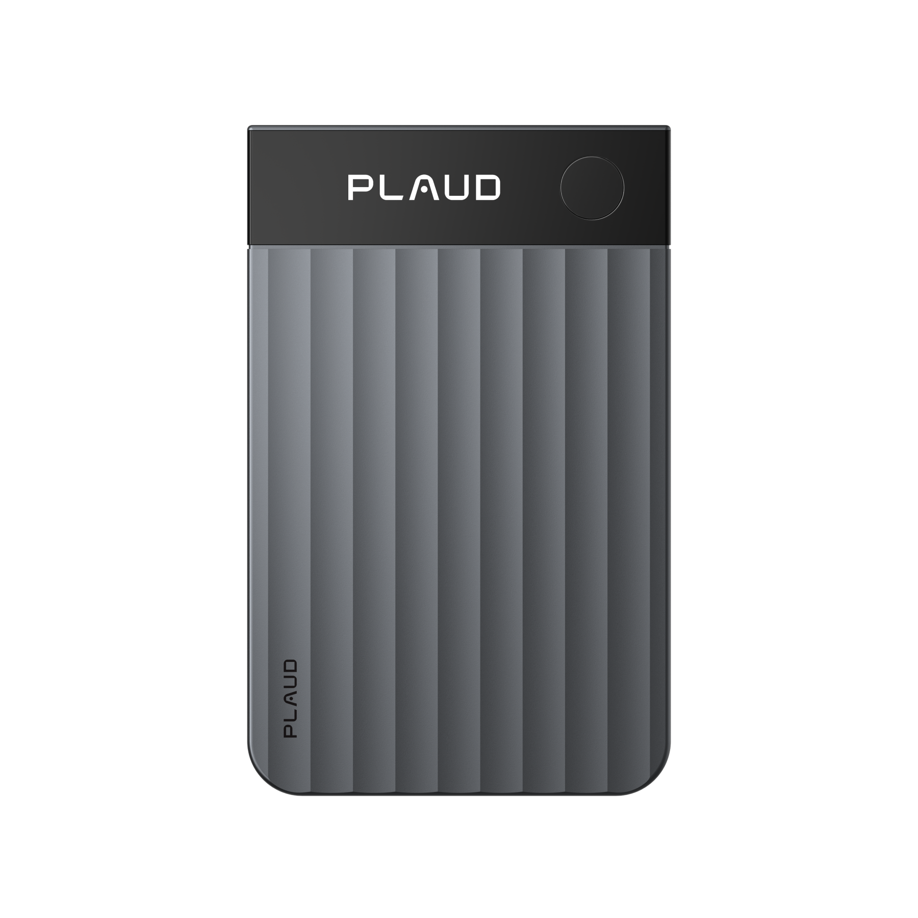 A black Plaud Note Pro AI voice recorder features a glossy black top strip with a round button and a body with broad vertical ridges.