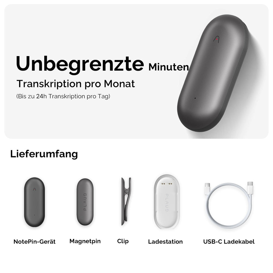 PLAUD NotePin & 2 KI Unbegrenzter Jahresplan
