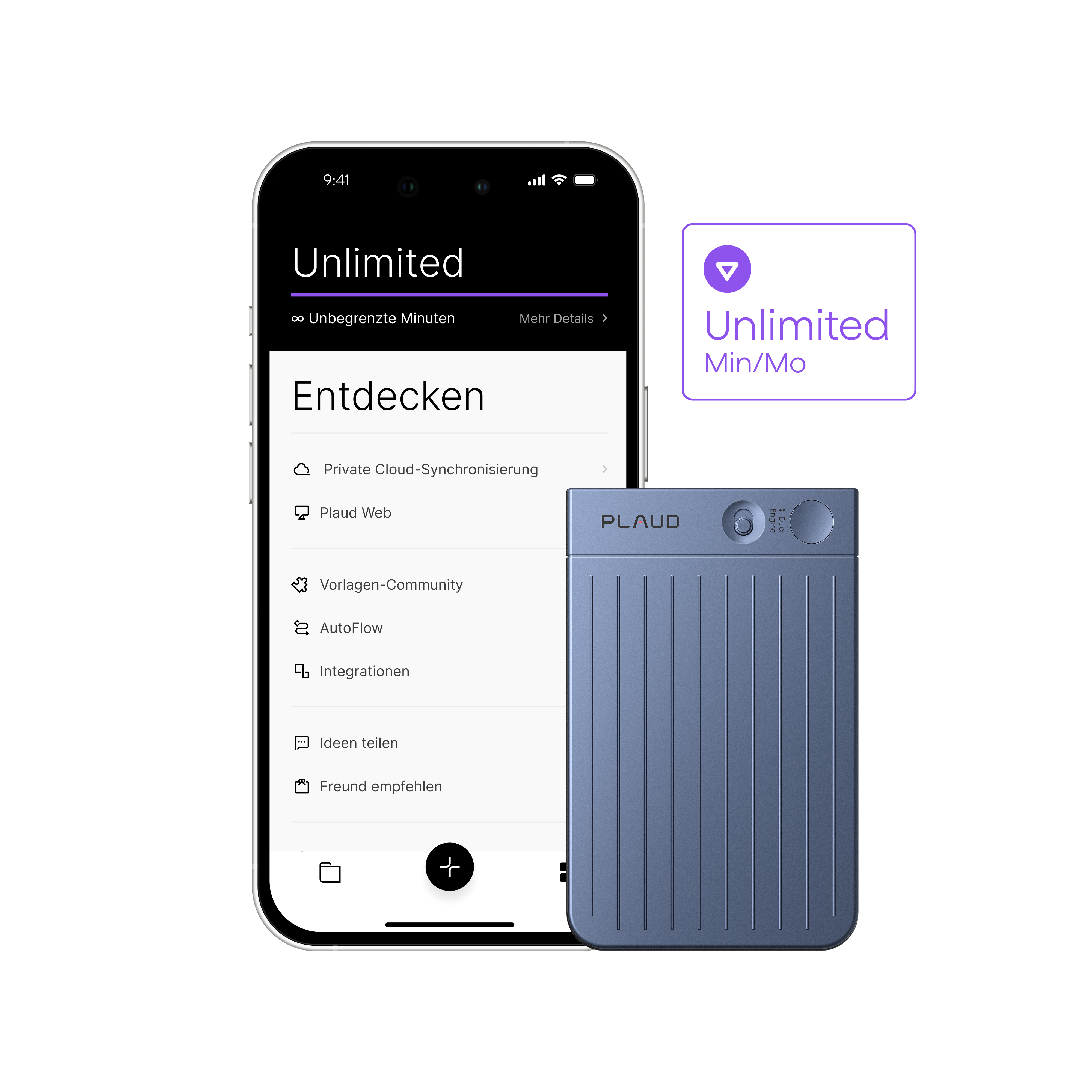 Blauer Plaud Note Pro neben Smartphone mit Plaud App, die den Plaud Unlimited Plan für unbegrenzte Minuten anzeigt.