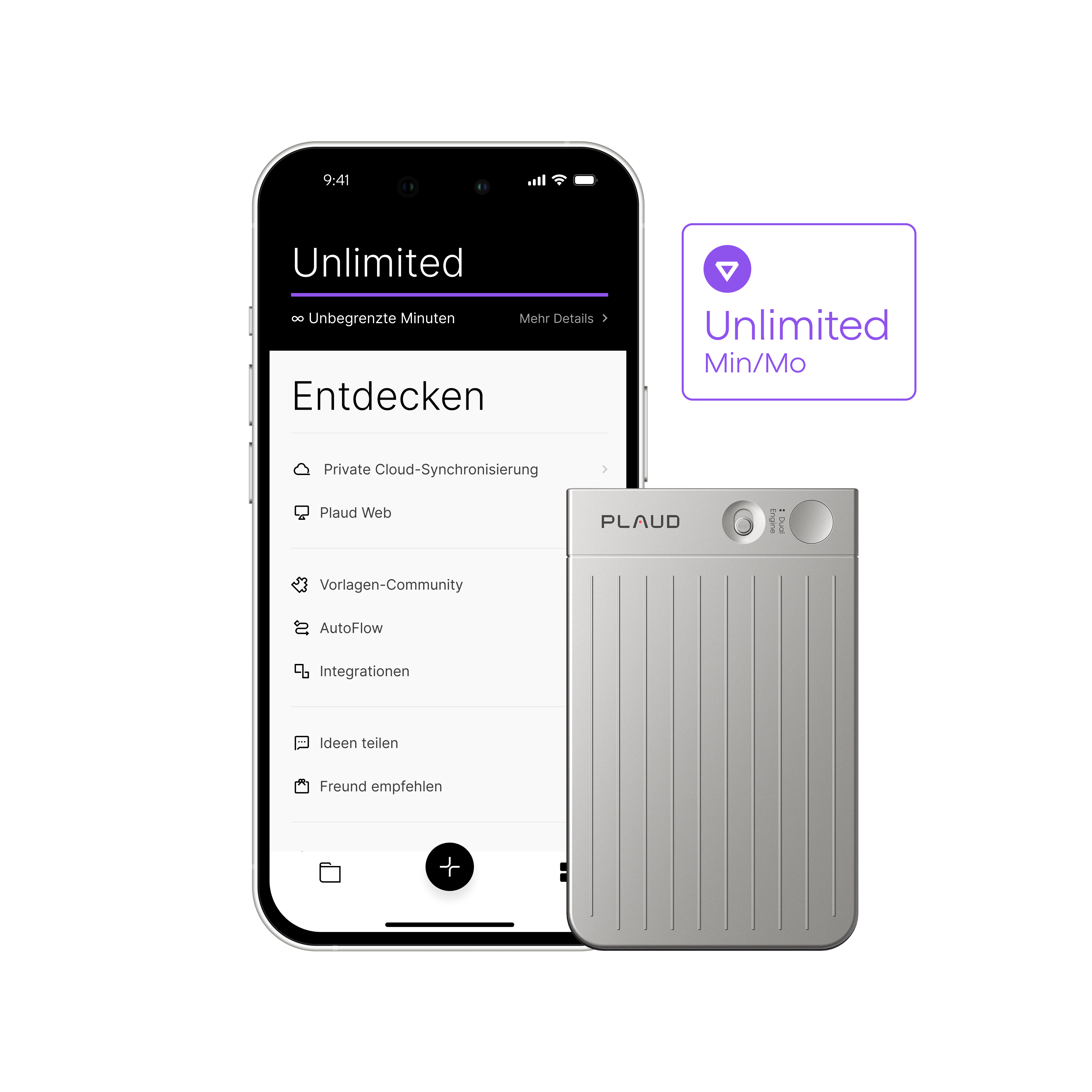 Silberner Plaud Note Pro neben Smartphone mit Plaud App und Hinweis auf unbegrenzte Minuten im Unlimited Plan.