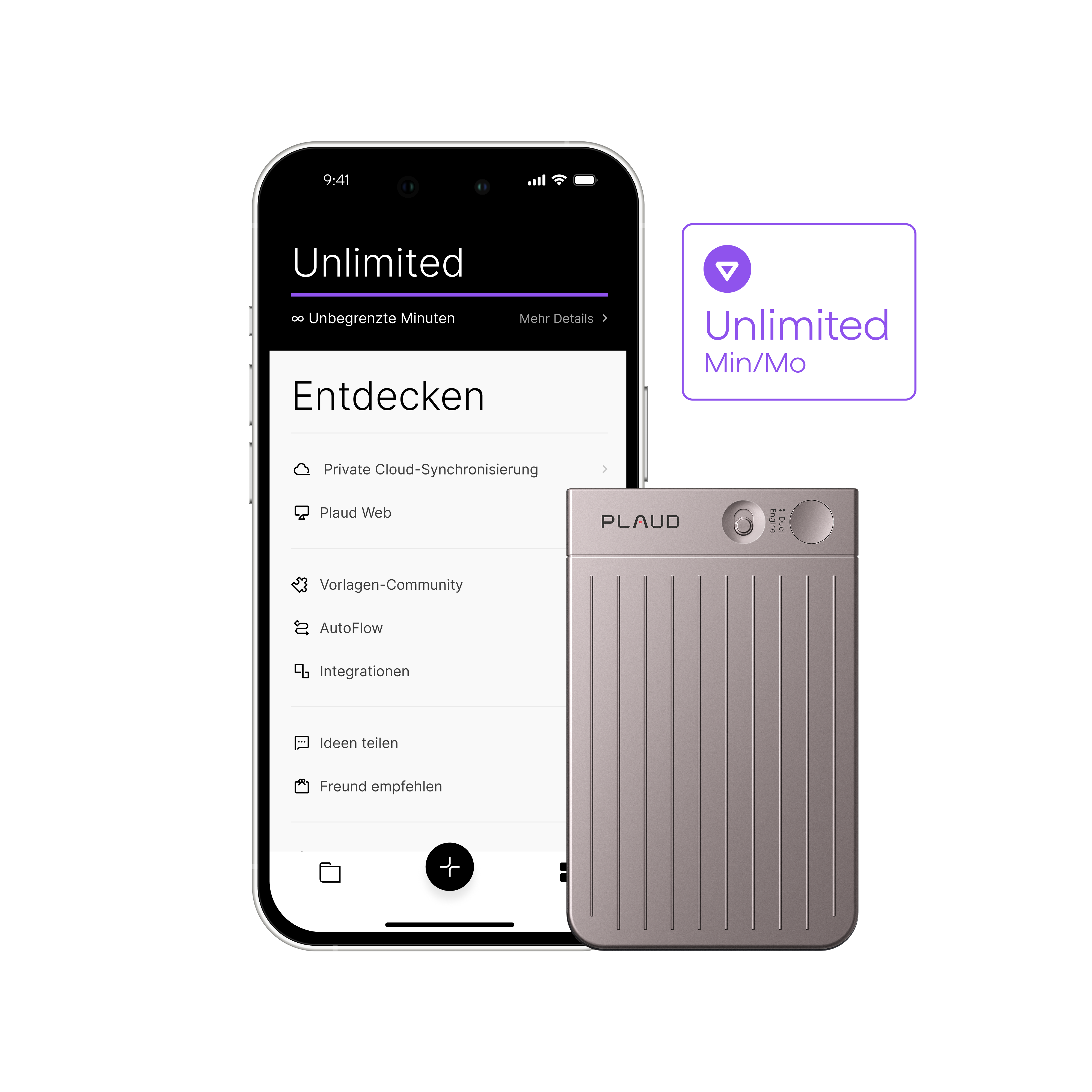 Plaud Note Pro in Titan neben Smartphone mit Plaud App und Hinweis auf den Plaud Unlimited Plan.