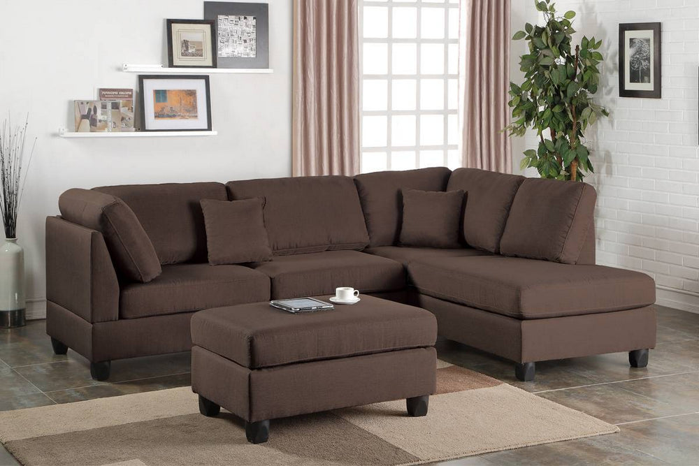 Franca Chocolate Fabric Reversible Sectional Sofa with Ottoman