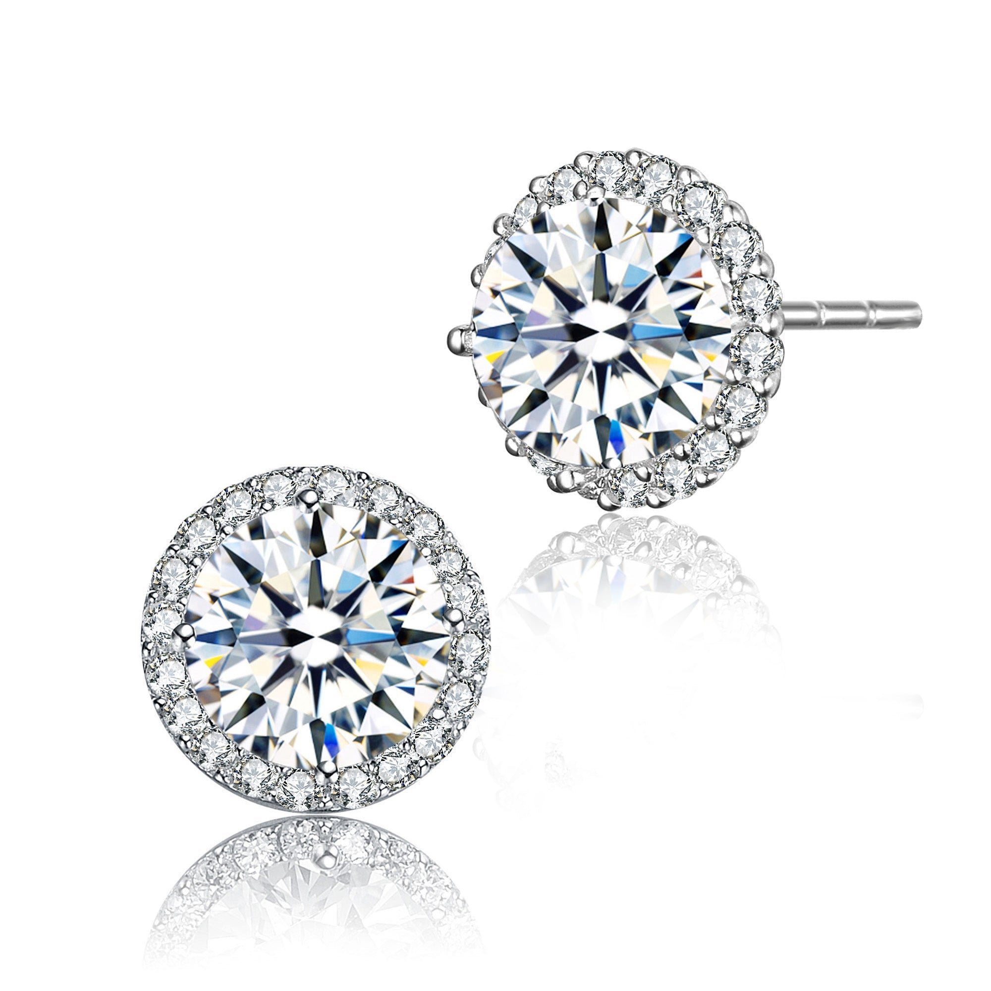 Sterling Silver with Rhodium Plated Clear Round Cubic Zirconia with Small Clear Round Cubic Zirconia Halo Accent Stud Earrings