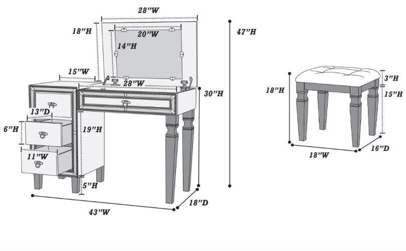 Poundex Vanity Set with Stool with 3-Drawers in Silver