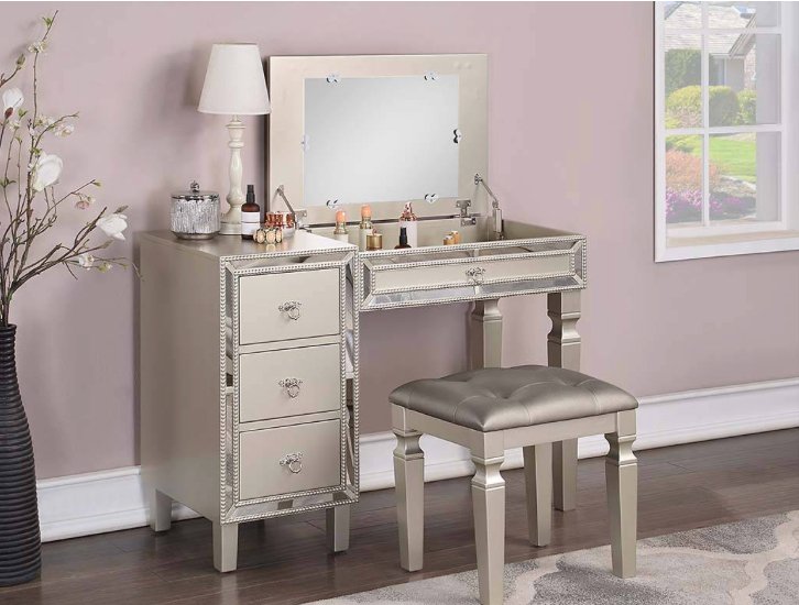 Poundex Vanity Set with Stool with 3-Drawers in Silver