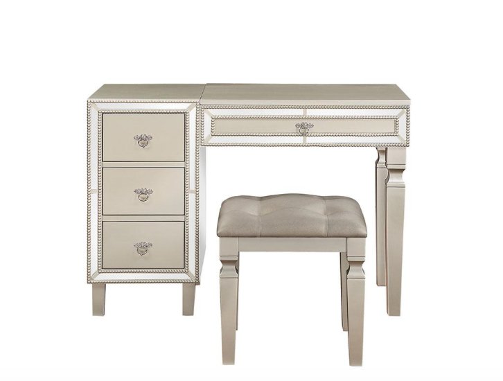 Poundex Vanity Set with Stool with 3-Drawers in Silver