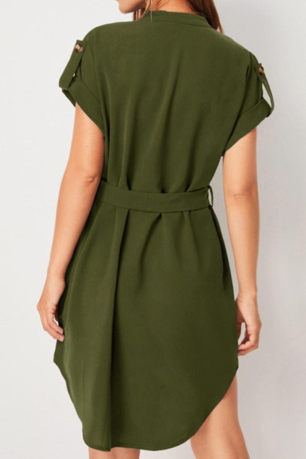 Tied Notched Short Sleeve Dress