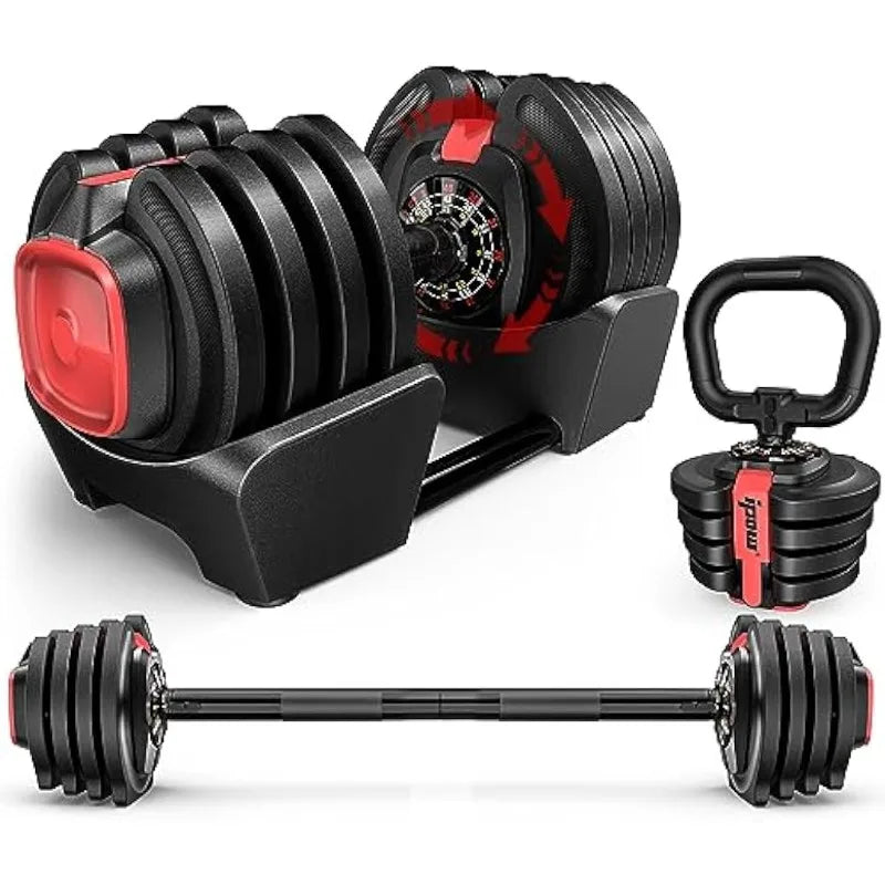 IPOW 3-in-1 Adjustable Dumbbell Set 40lbs Increment, Multifuntion Free Weight Set for Home Gym Used as Dumbbell, Barbell