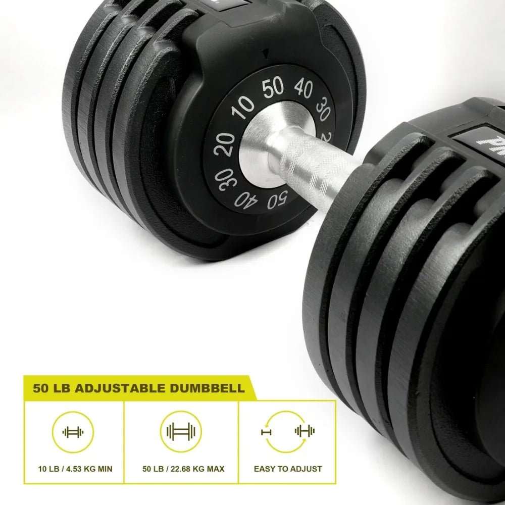 10-50 lb Quick Select Adjustable Dumbbell, Enhanced 3-Point Safety Locking System, Single, Black