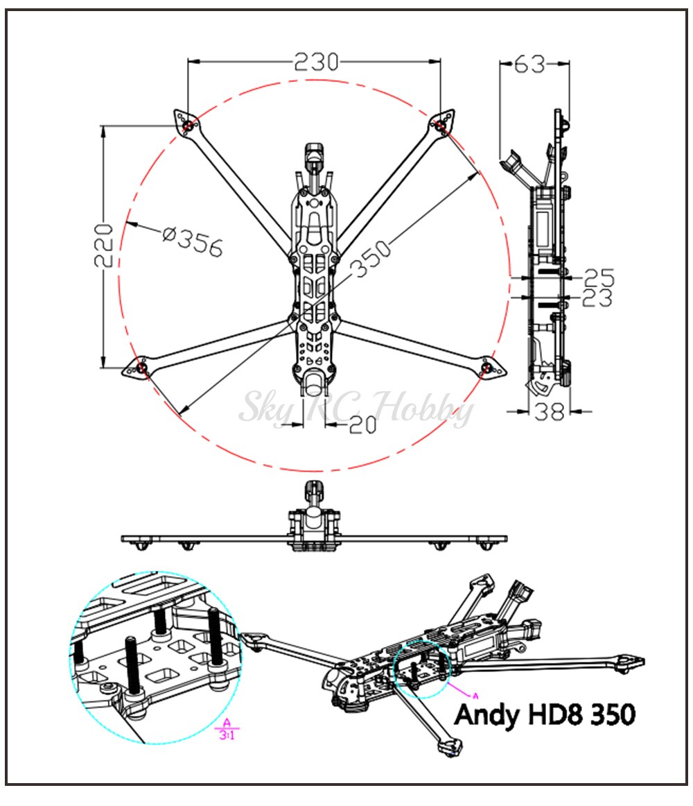 Andy HD8 8inch Freestyle FPV Drone/Quadcopter Carbon Fiber Frame Kit for Racing Drones