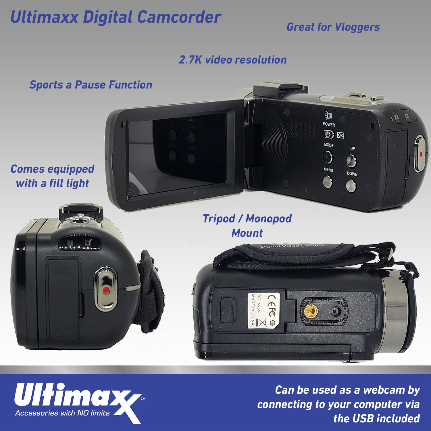 Ultimaxx 4K Ultra HD Camcorder Video Vlogging Camera  with LED Light 42MP, 18x Digital Zoom with Remote Control 3.0