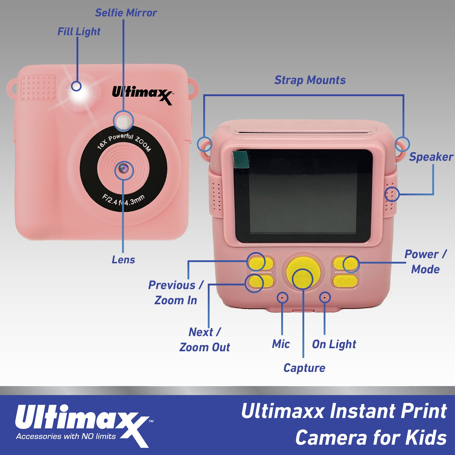 Ulitmaxx Kids Instant Digital Camera (Pink) with 64GB Micro SD and 3 Rolls Paper