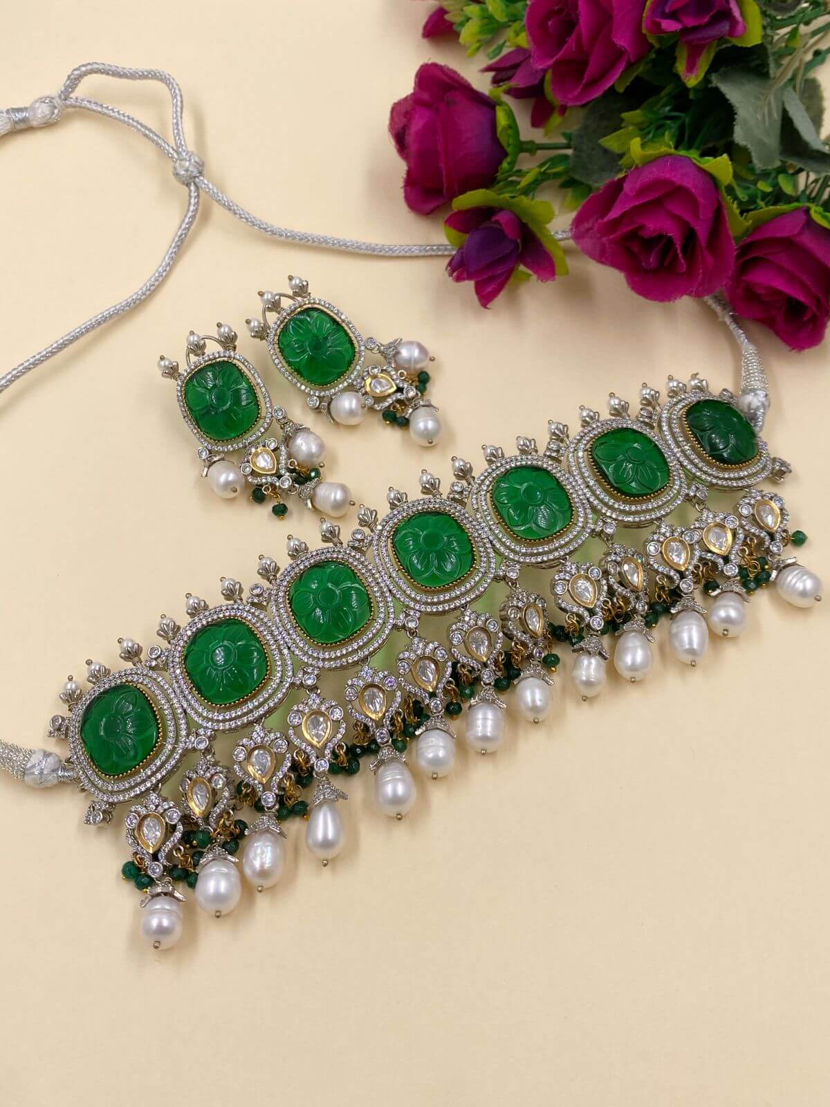 Modern Dual Tone Green Emerald Victorian Bridal Choker Necklace Set