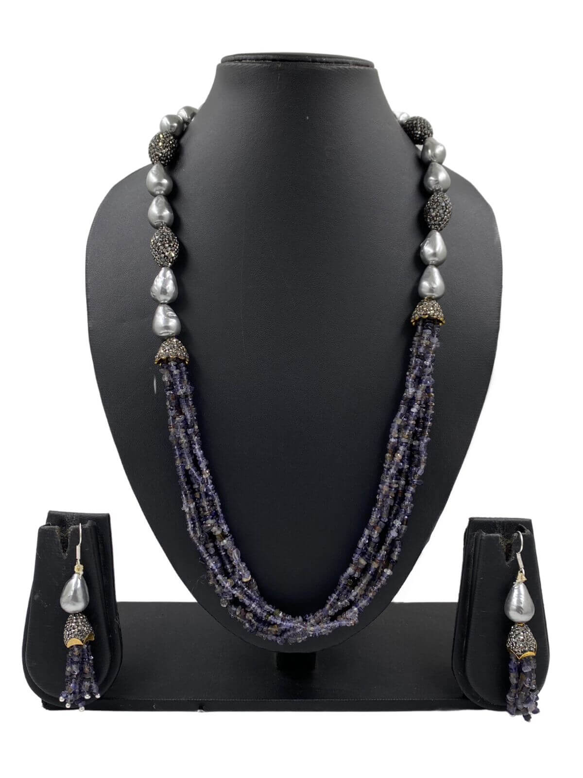 Semi Precious Iolite Blue And Grey Shell Pearls Fancy Beads Necklace