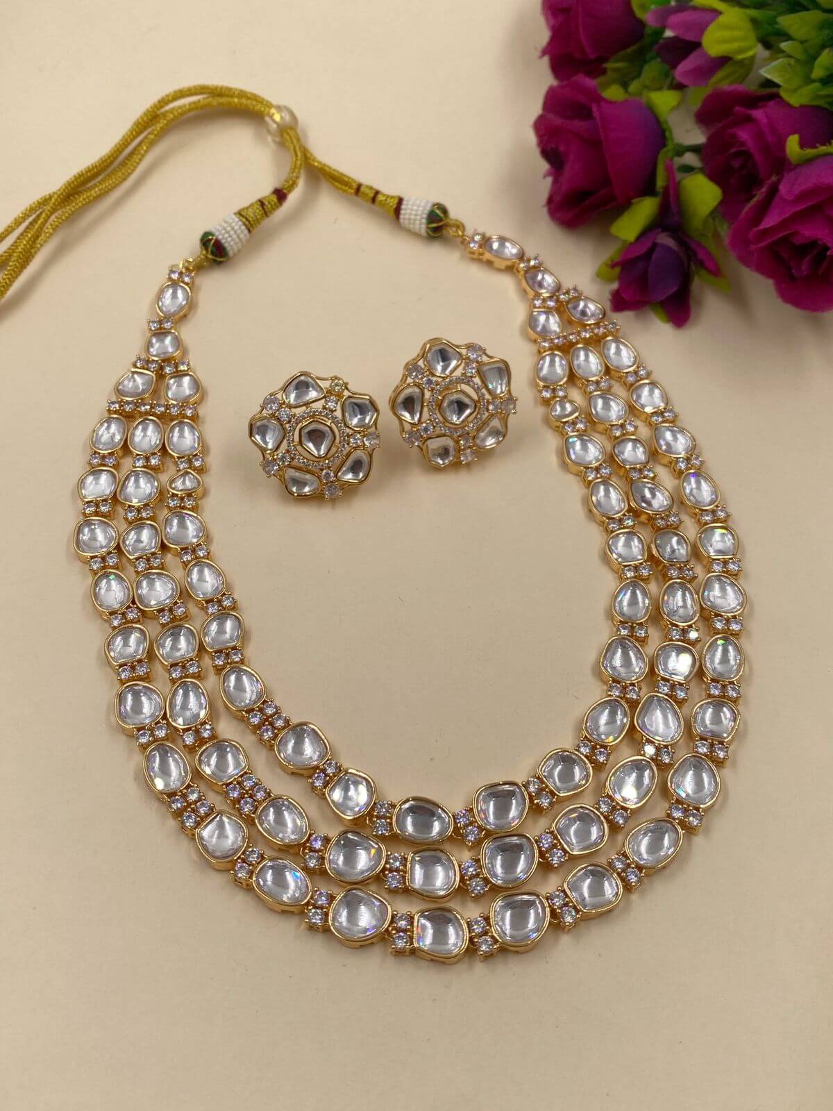 Amukta Three Layer Uncut Polki Necklace Set | Polki Jewellery