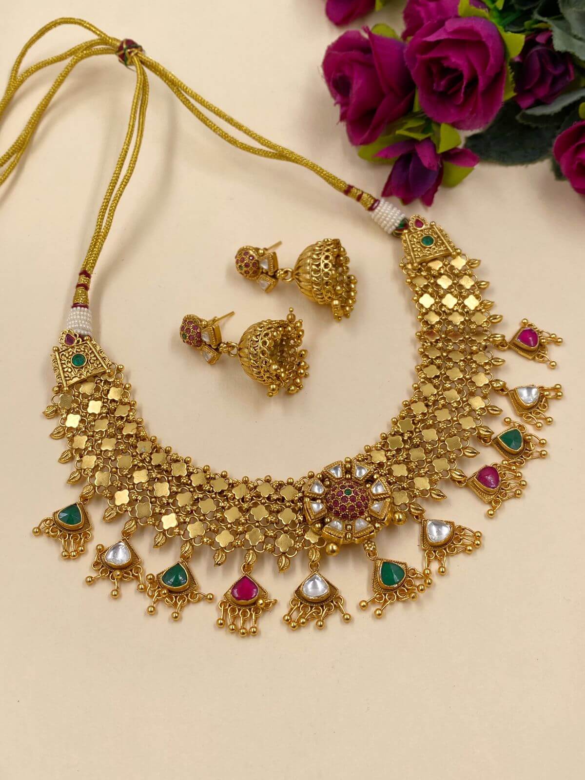 Padmini Gold Plated Antique Golden Necklace Set For Women By Gehna Shop