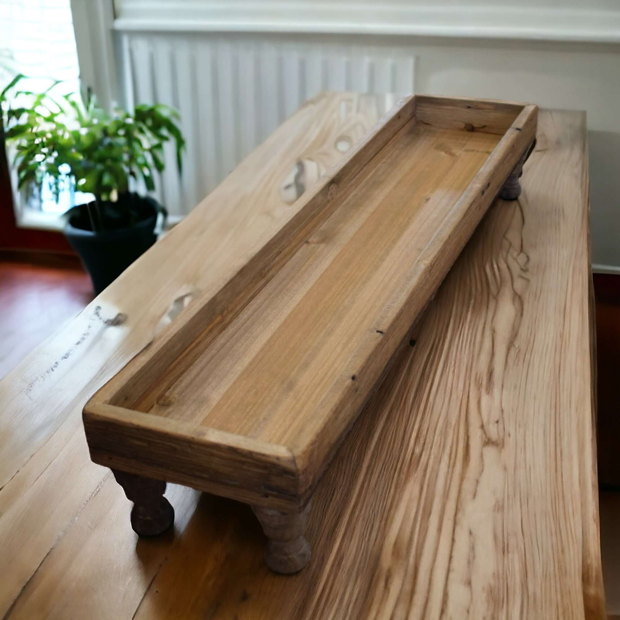 Large Wooden Serving Tray on Turned Legs