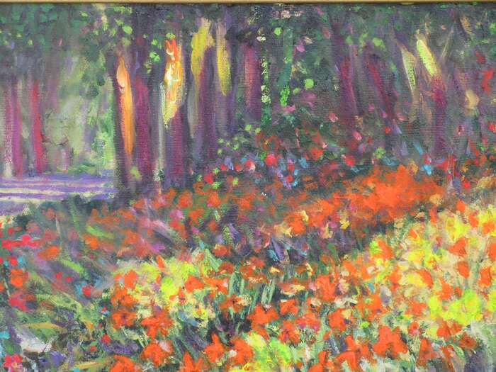 Summer Garden, Vienna, VA, 2022, oil on canvas, 16 x 32 in. / 40.64 x 81.28 cm.