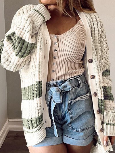 Full Size Striped Button Up Dropped Shoulder Cardigan