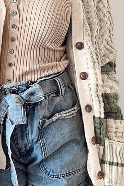 Full Size Striped Button Up Dropped Shoulder Cardigan