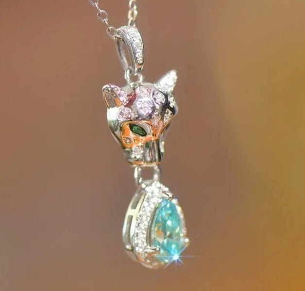 1ct Water Drop Moissanite Leopard Head Pendant with Necklace