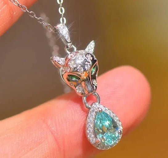 1ct Water Drop Moissanite Leopard Head Pendant with Necklace
