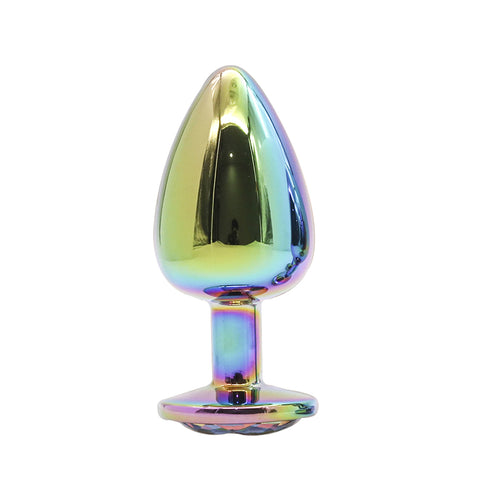 A shiny, metallic rainbow-colored anal plug
