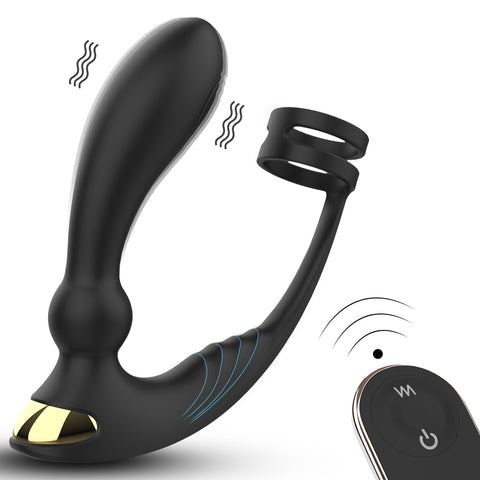 A black silicone prostate massager with a gold accent and a remote control, featuring vibration indicators.