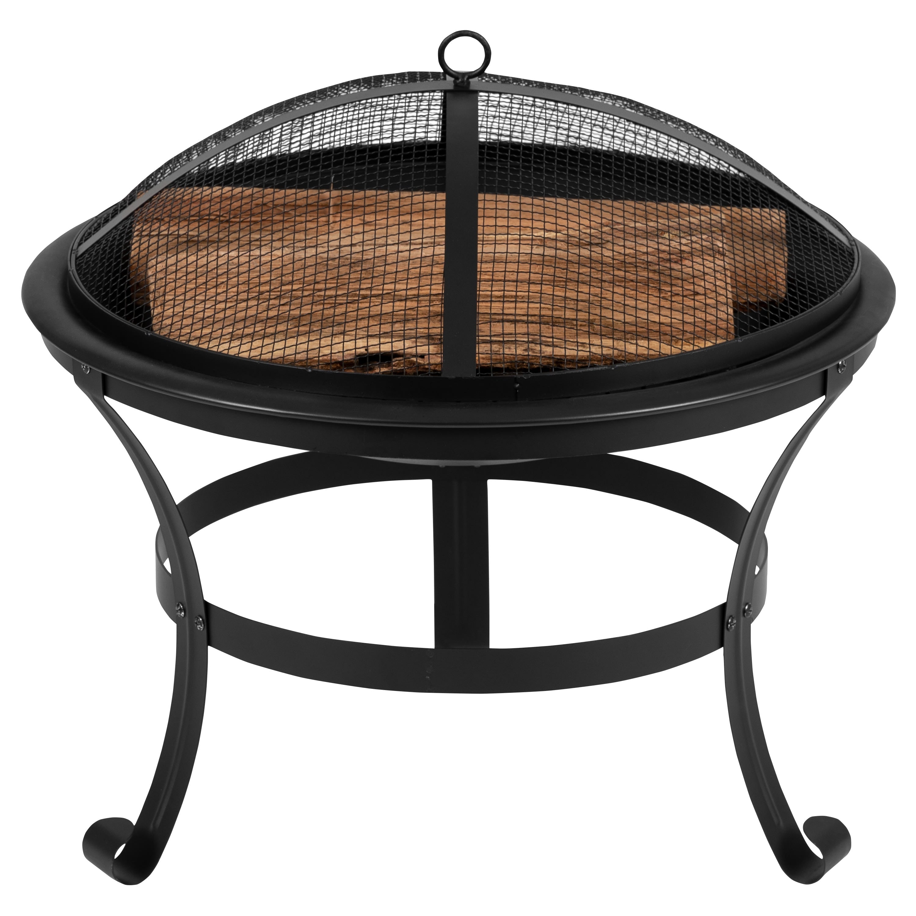 Round Wood Burning Firepit with Mesh Spark Screen and Poker