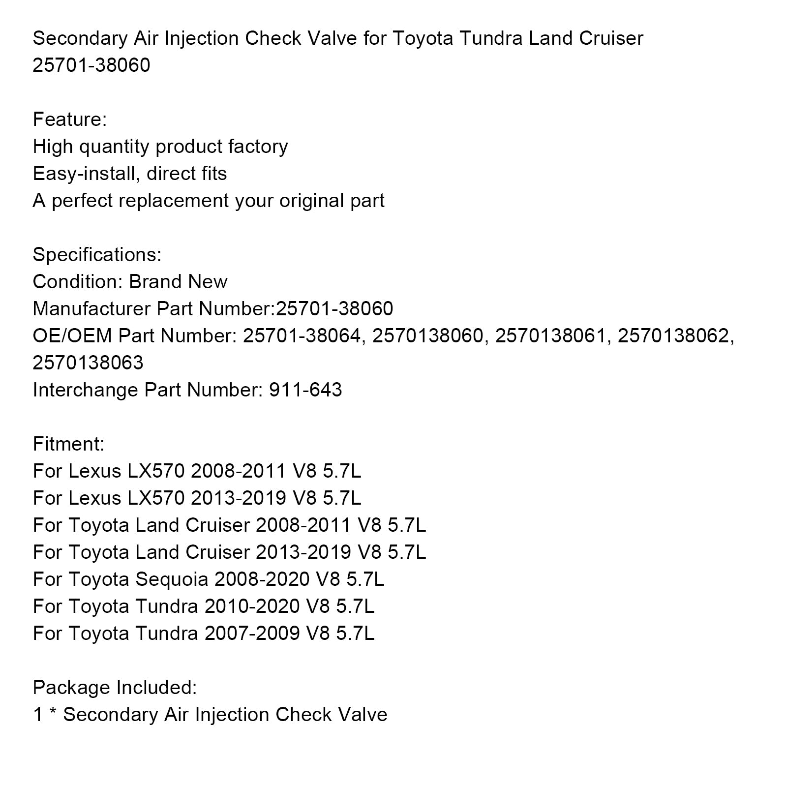 2010-2020 Toyota Tundra V8 5.7L Secondary Air Injection Check Valve 2570138064 2570138060 2570138061 2570138062 2570138063 Generic