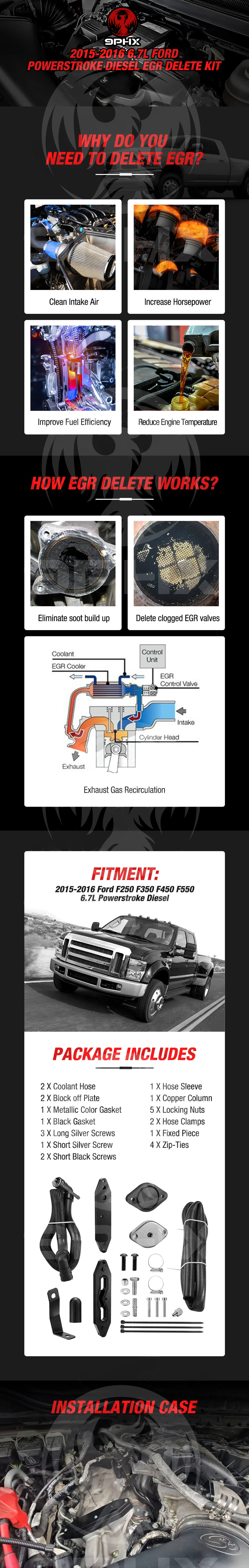 9PHX 6.7L Powerstroke EGR Delete Kit with Coolant Bypass Black for 2015 2016 Ford F250 F350 F450 F550