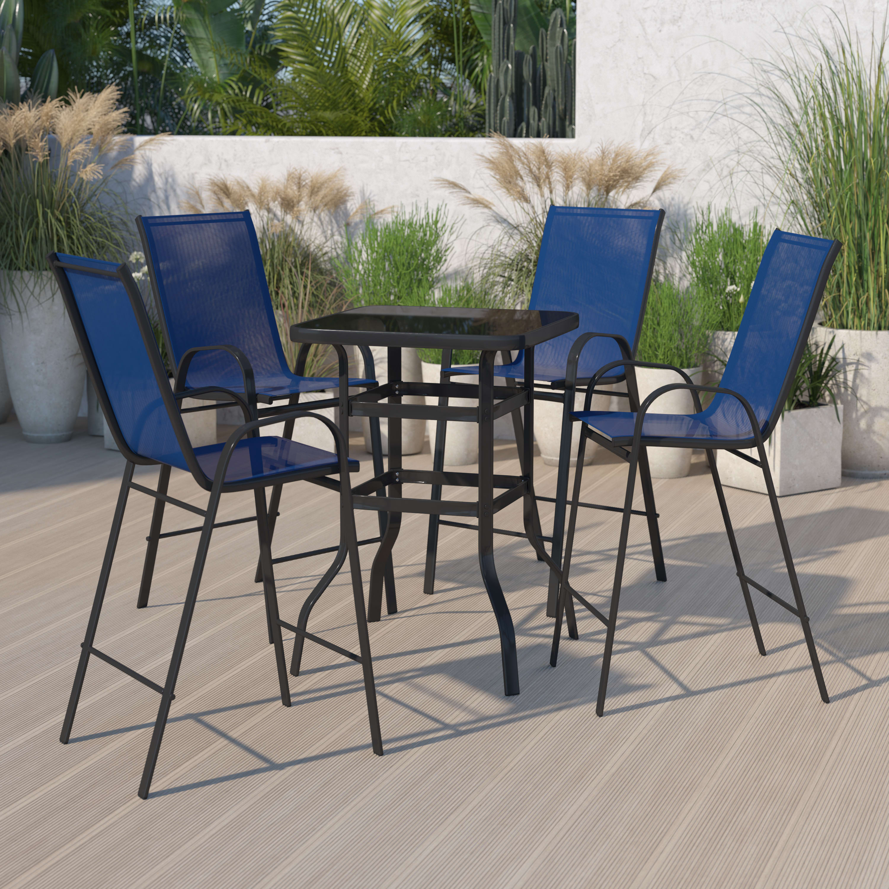 Brazos Outdoor Dining Set - 4-Person Bistro Set - Outdoor Glass Bar Table with All-Weather Patio Stools