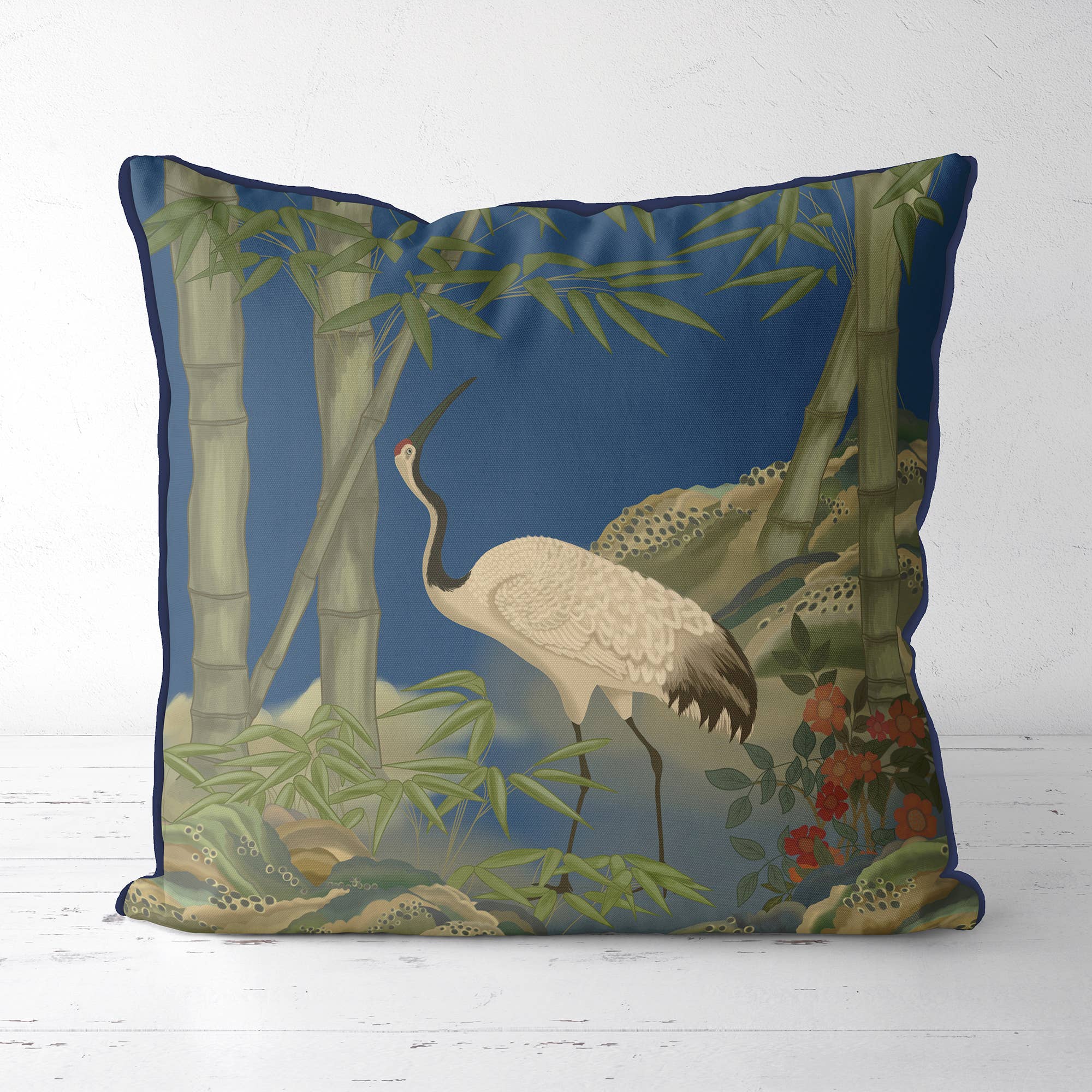 Kelly Stevens-McLaughlan, Crane Garden 4 Chinoiserie on Blue Pillow / Cushion Cover, 18