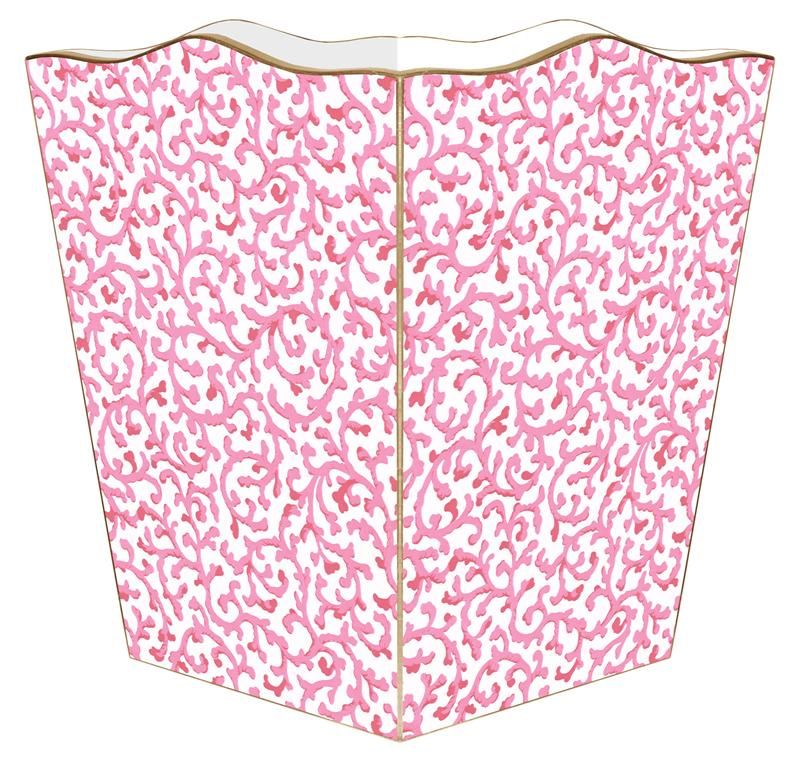 Marye-Kelley, Waverly Pink Scroll Wooden Wastepaper Basket, Gold Trim