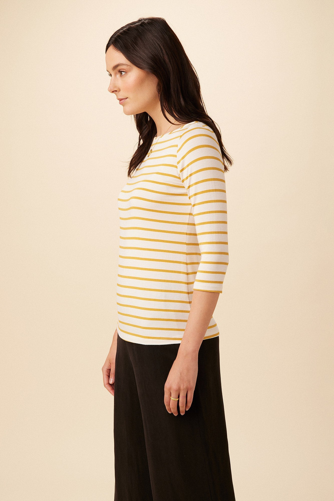 Francoise 3/4 Sleeve Dream Knit Tee - Ivory Sunflower Stripe - ReAmour