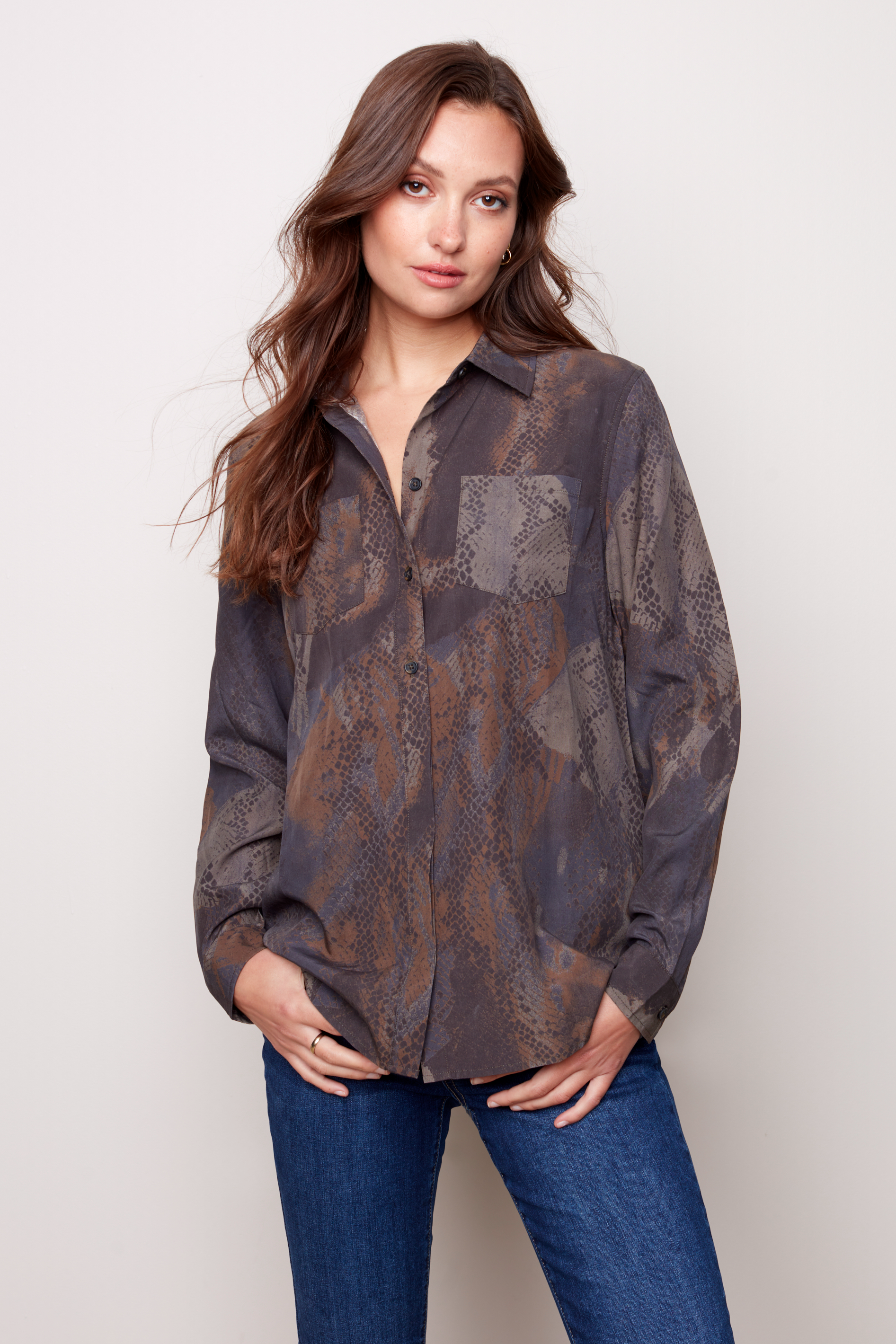 Animal Print Long Sleeve Button Front Blouse