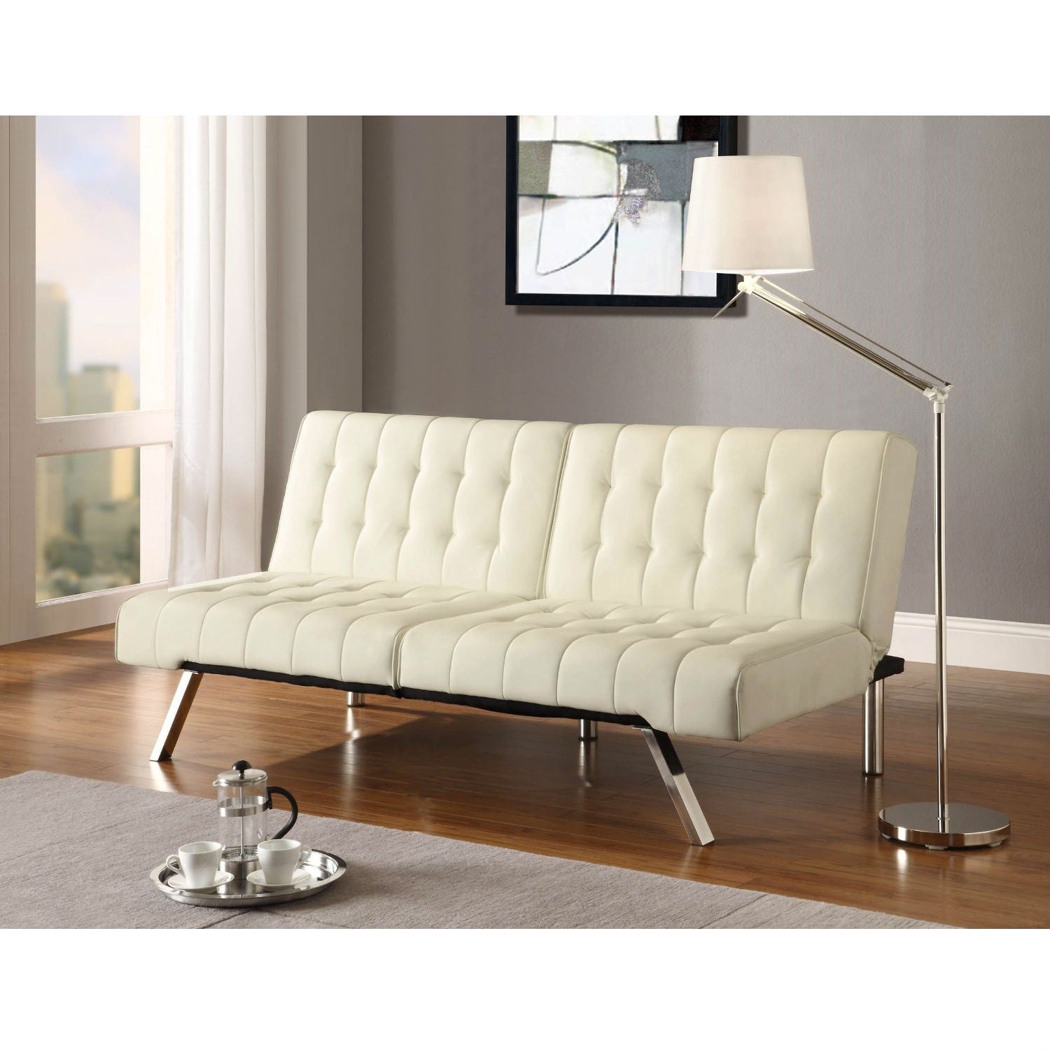 Split-back Modern Sleeper Sofa in Vanilla Faux Leather