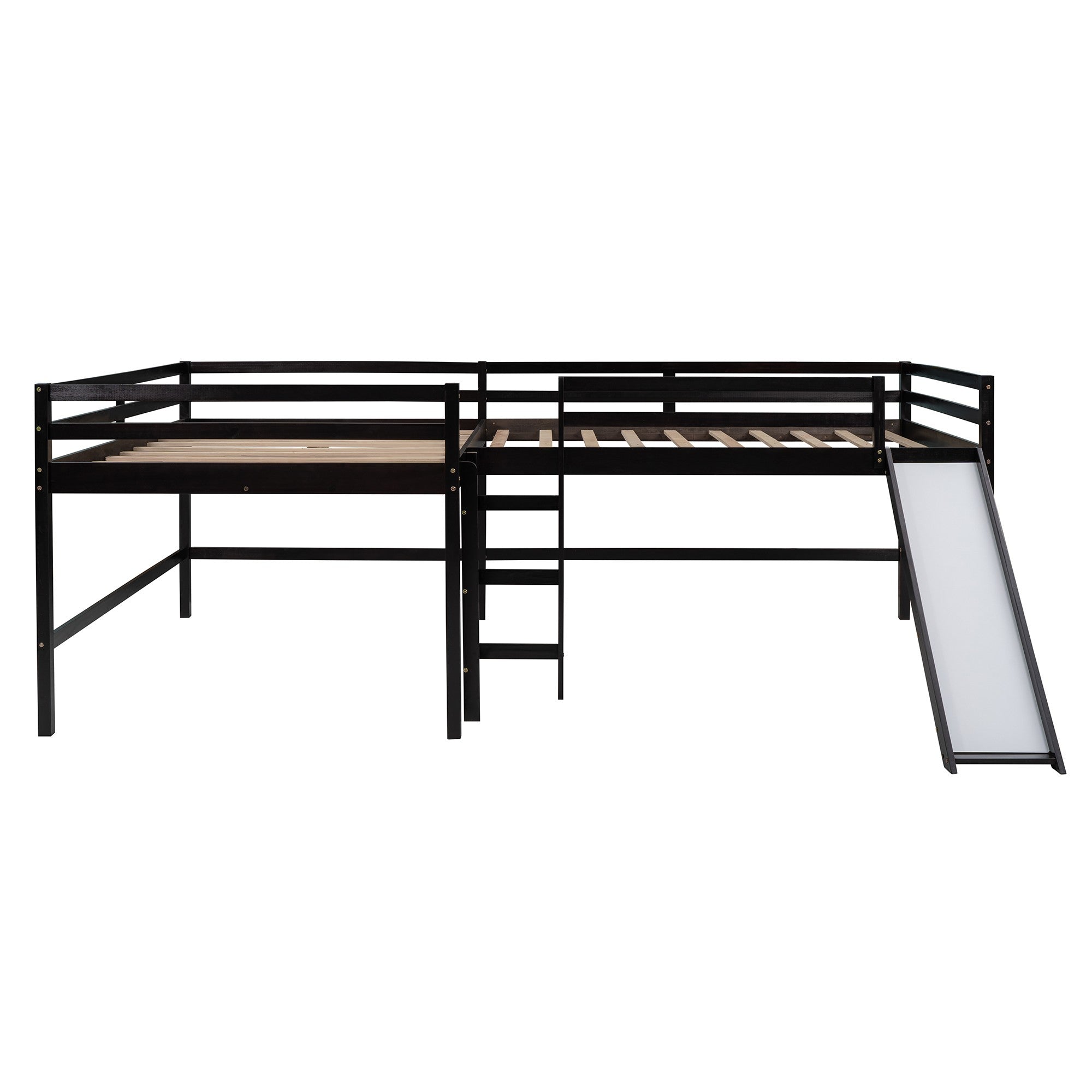 Espresso L Shaped Double Loft Bed With Slide And Ladders