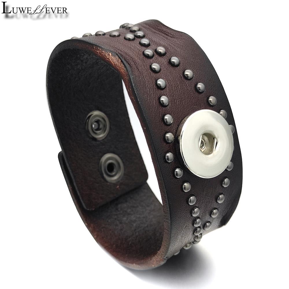 Luwellever Punk Black Brown Interchangeable Real Leather Bangle. Fits 18mm Snap Buttons