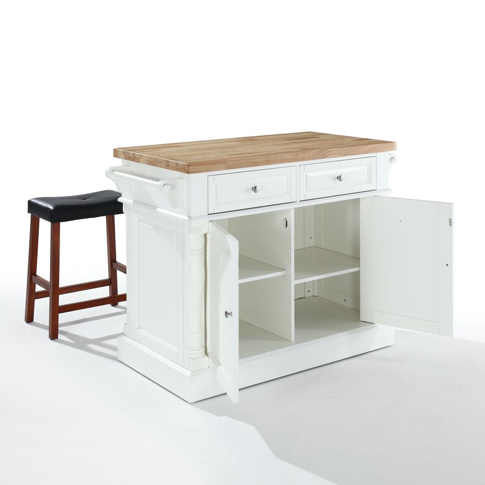 Oxford Kitchen Island W/Upholstered Saddle Stools White - Kitchen Island, 2 Counter Height Bar Stools