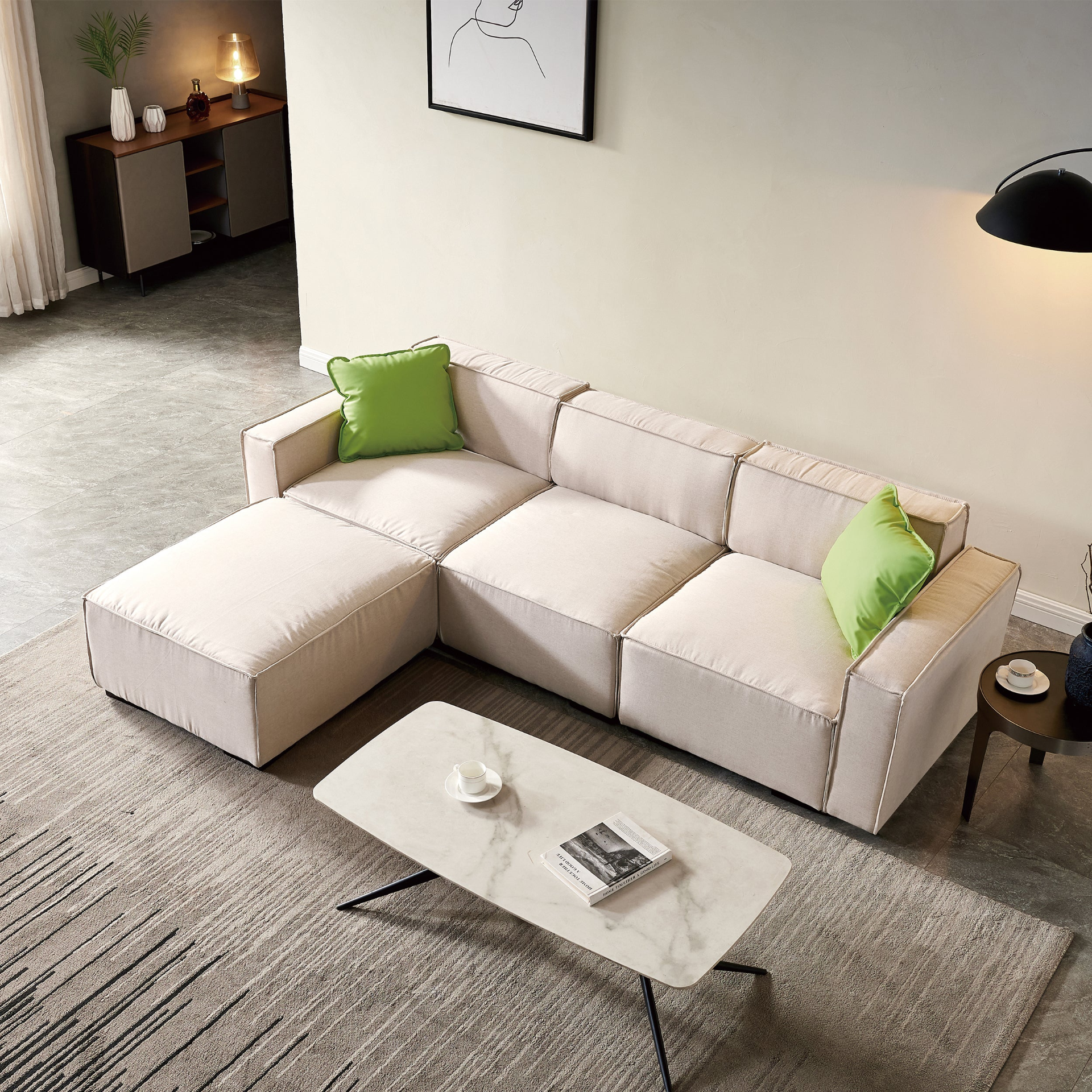 Beige Modular Sofa L Shape with Convertible Ottoman Chaise