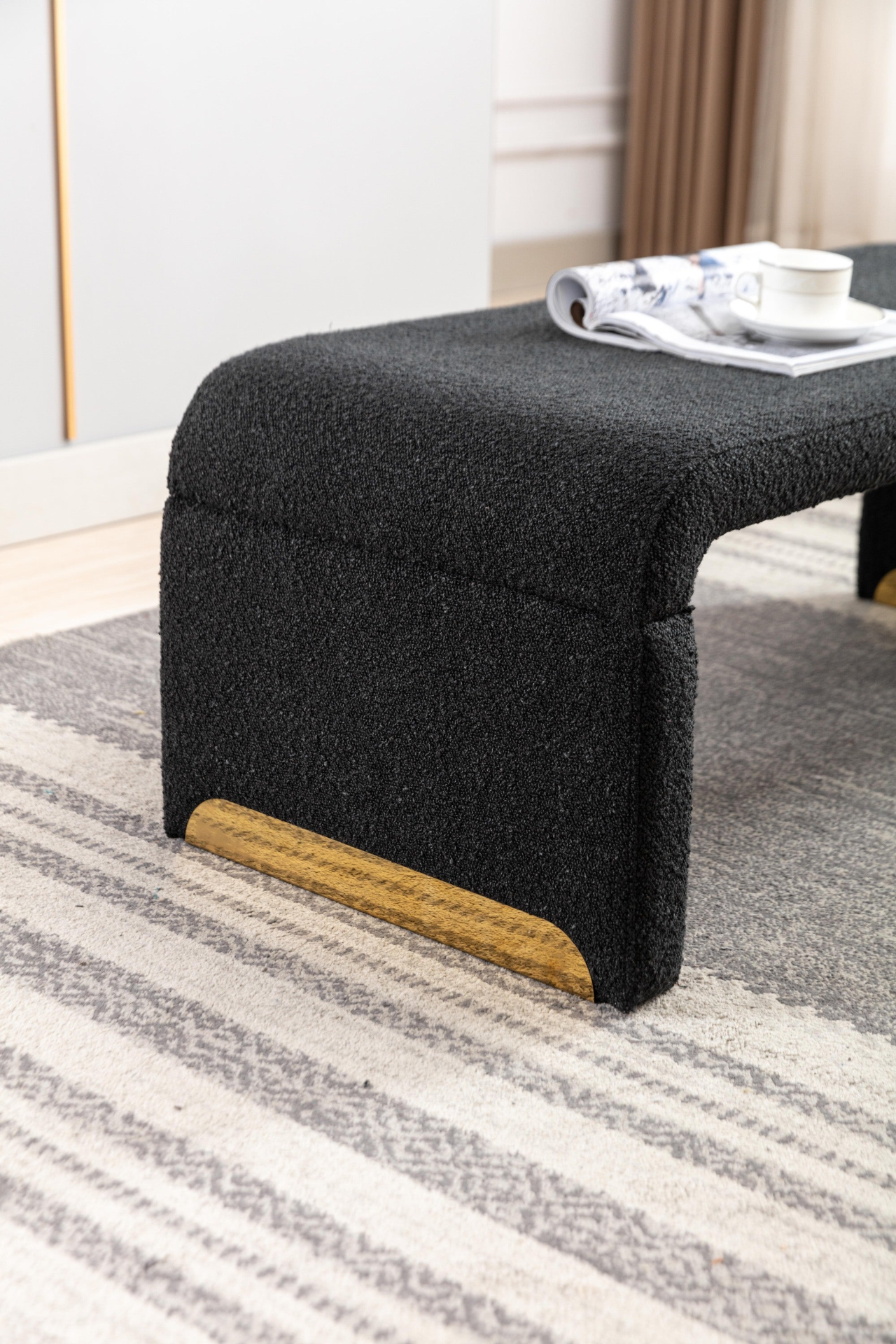 New Boucle Fabric Loveseat Ottoman Footstool Bedroom Bench Shoe Bench With Gold Metal Legs,Black