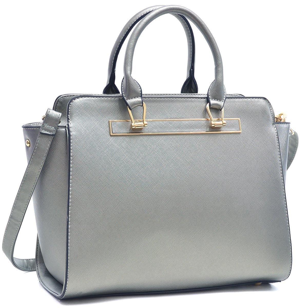 Dasein Faux Saffiano Leather Winged Satchel with Shoulder Strap