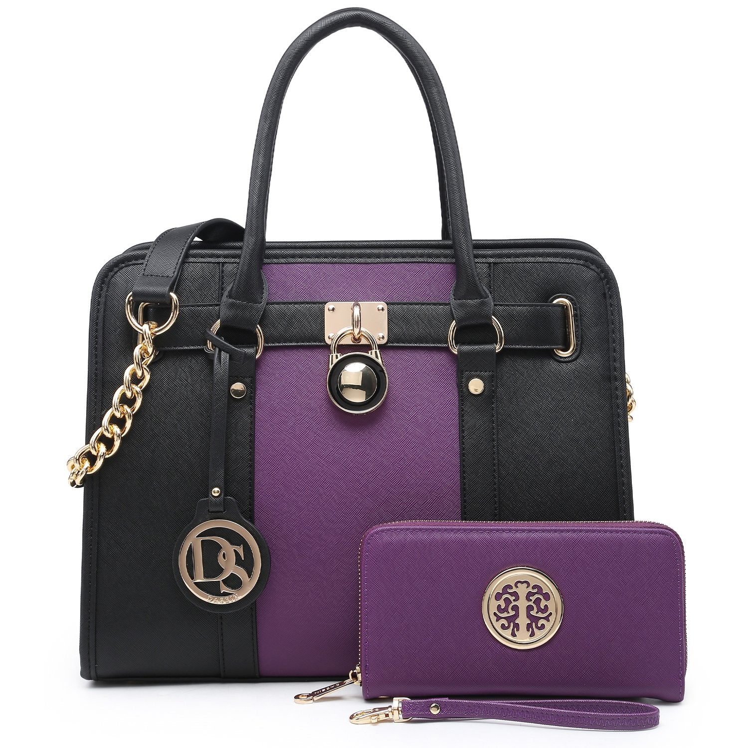Two Tone Satchel Top Handle Bags Work Tote with Matching Wallet l Dasein