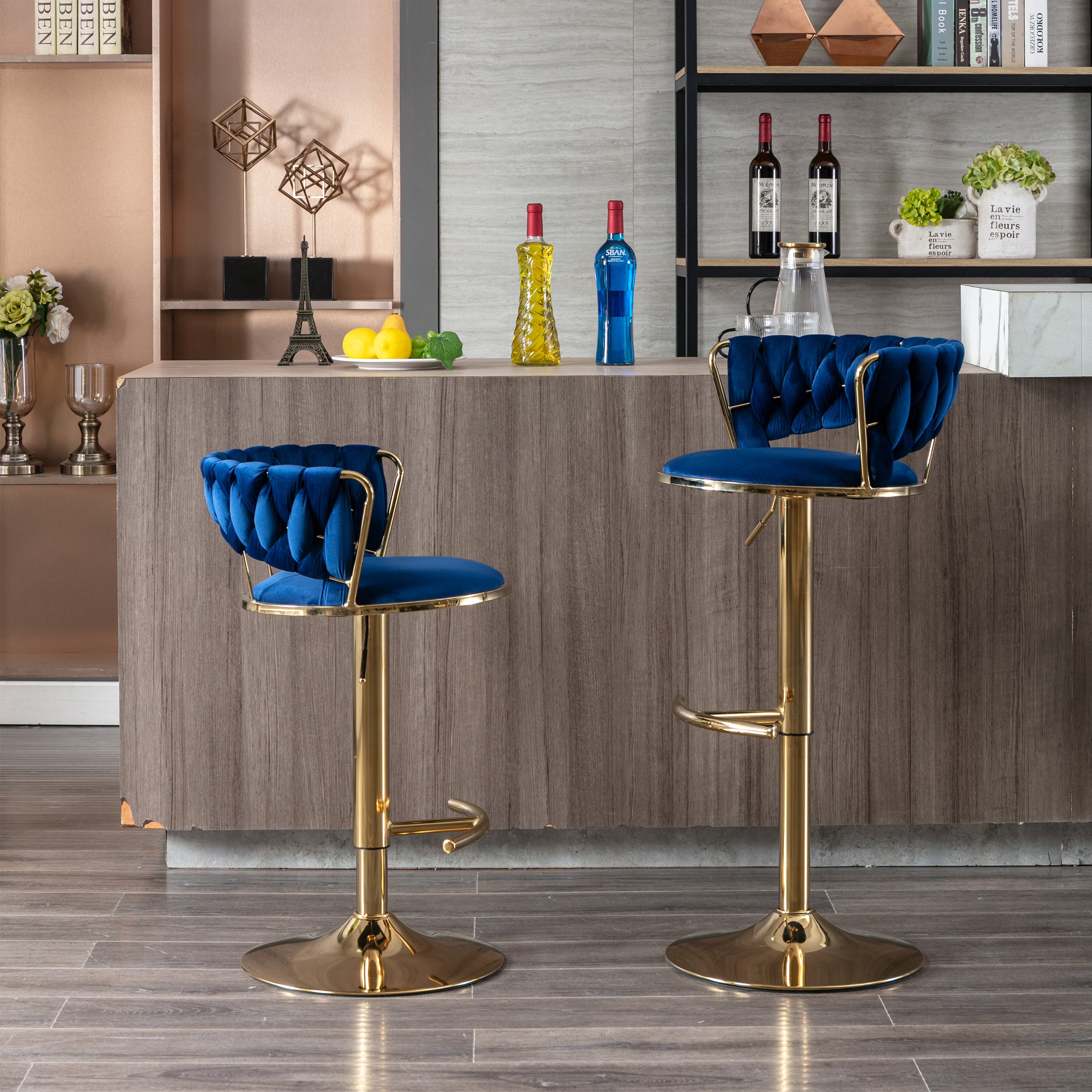Set of 2  Bar Stools,with Chrome Footrest and Base Swivel Height Adjustable Mechanical Lifting Velvet + Golden Leg Simple Bar Stool-BLUE