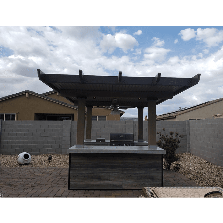 KoKomo Grills | BBQ Island with Pergola 4 Burner BBQ Grill Wood Siding and Fan