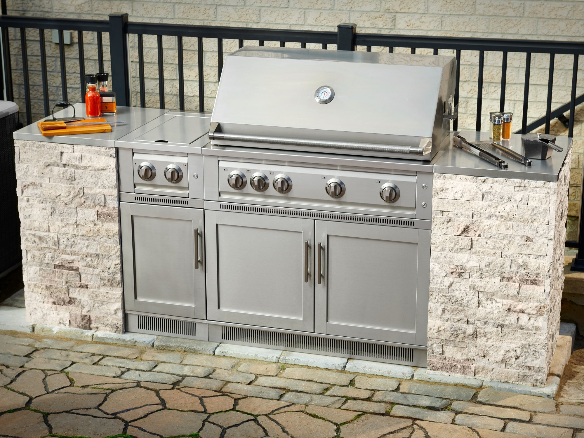 NewAge | Outdoor Kitchen Signature Series 8 Piece Cabinet Set With Dual side Burner, Sink and Grill Cabinet