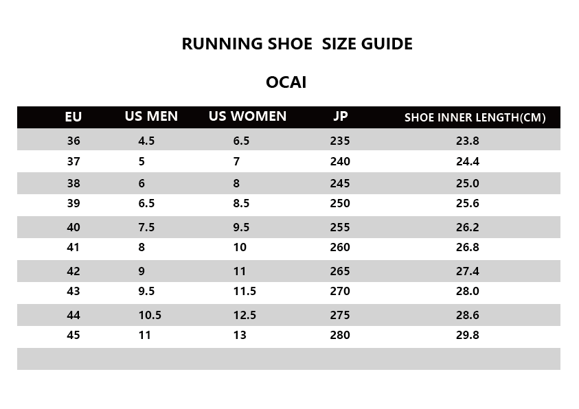 Running shoe best sale size chart