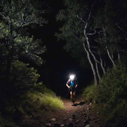 A hiker using a headlamp on a trail at night