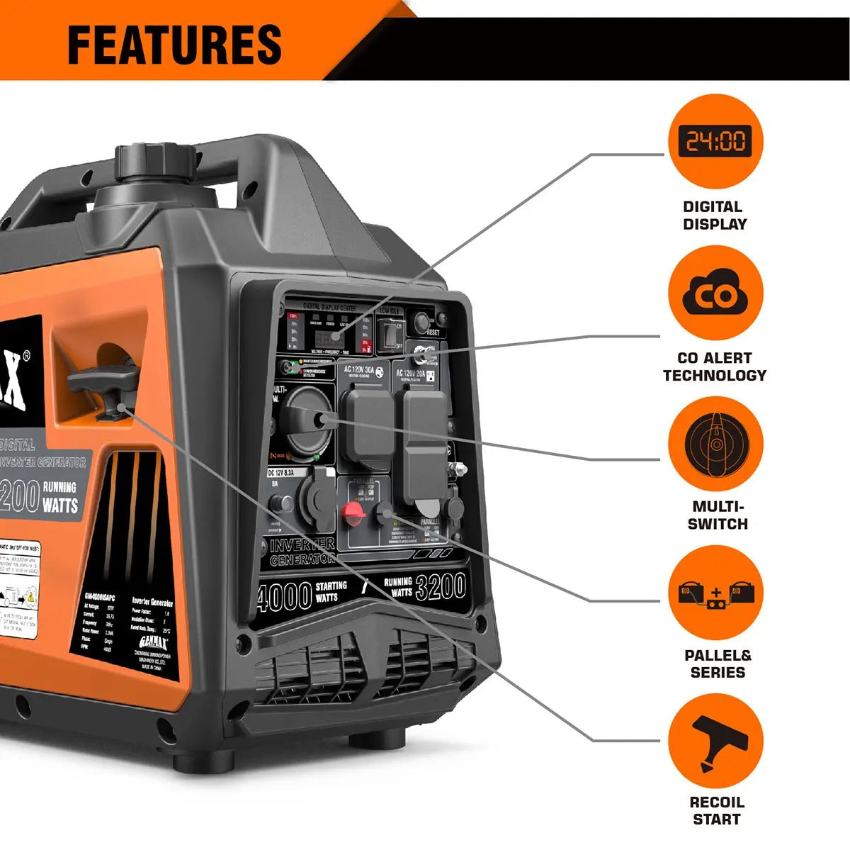 GENMAX GM4000iSAPC 4000 Watt Gasoline Inverter Generator with CO Detect